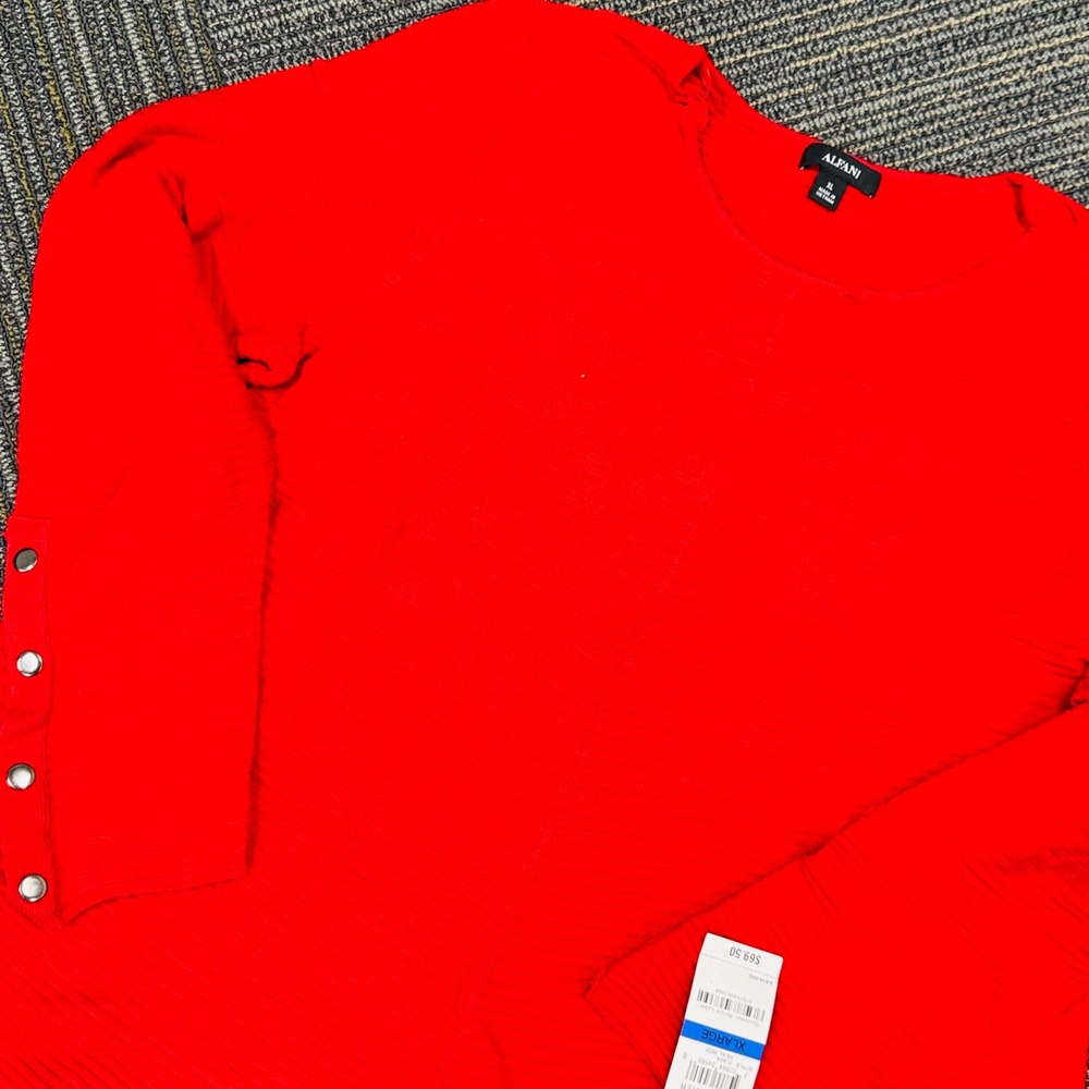 Alfani Womens Red Ribbed Long‎ Sleeve Sweater Crew Neck Snap Detail XL